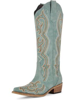 Women's Floral Embroidered Green Western Boots with Side Zipper for Concert